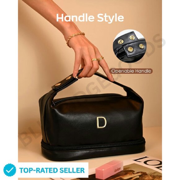 Large Waterproof PU Leather Makeup Bag Double Layer Travel Organizer Chic - Picture 2 of 4